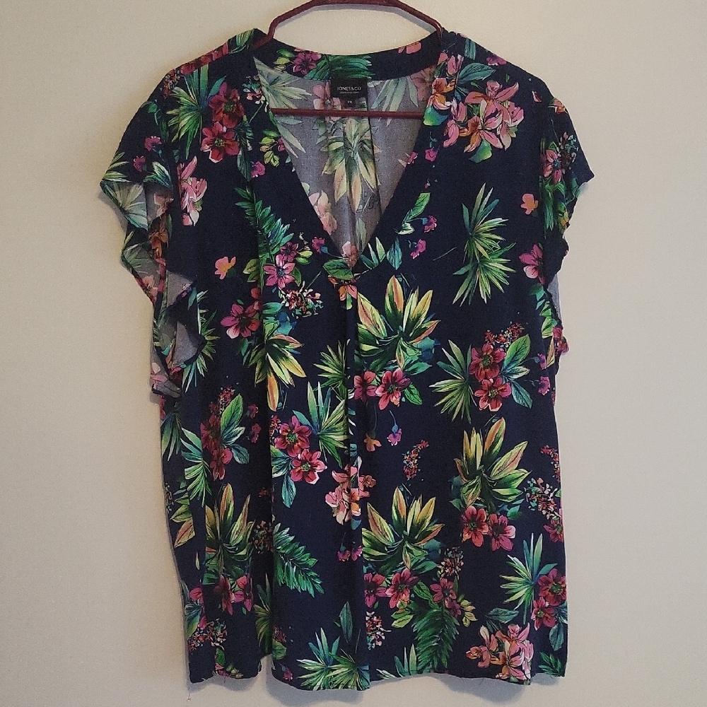 Jones New York 2x Navy Floral V-Neck Blouse